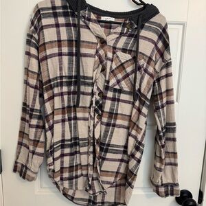 Maurices Plaid Button Down Shirt - Cream, Brown, Purple